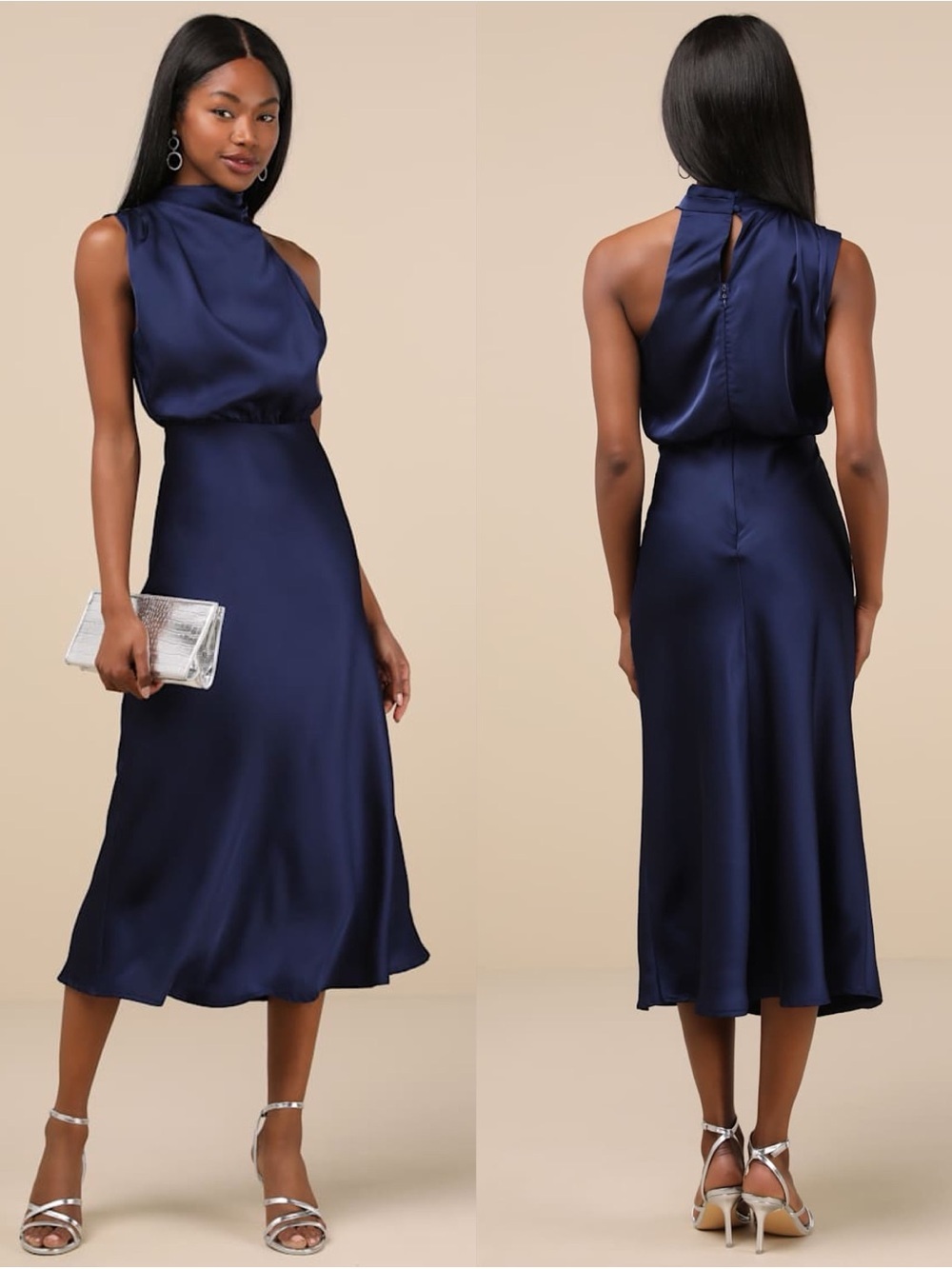 LULU’S Distinctive Charm Navy Satin Asymmetrical Midi Dress